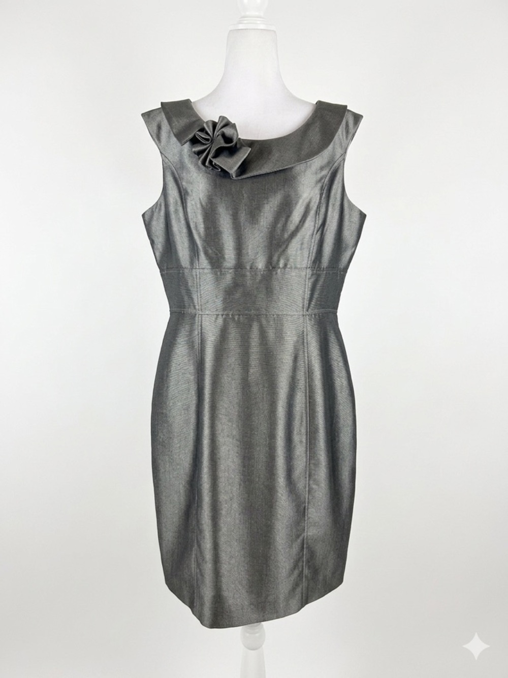 Calvin Klein Champagne Bronze Sheath Dress Sleeveless Rosette Accent Lined Sz 12